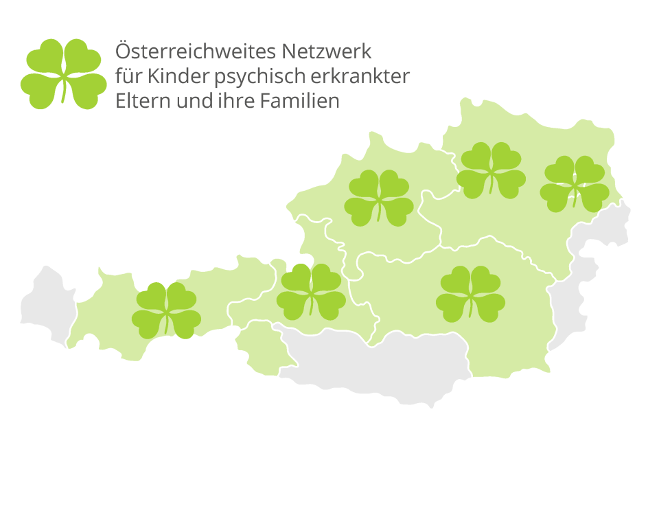 Landkarte von Österreich mit Kleeblatt-Logos in den Bundesländern, wo es Angebote aus dem KIPKE Netzwerk gibt.