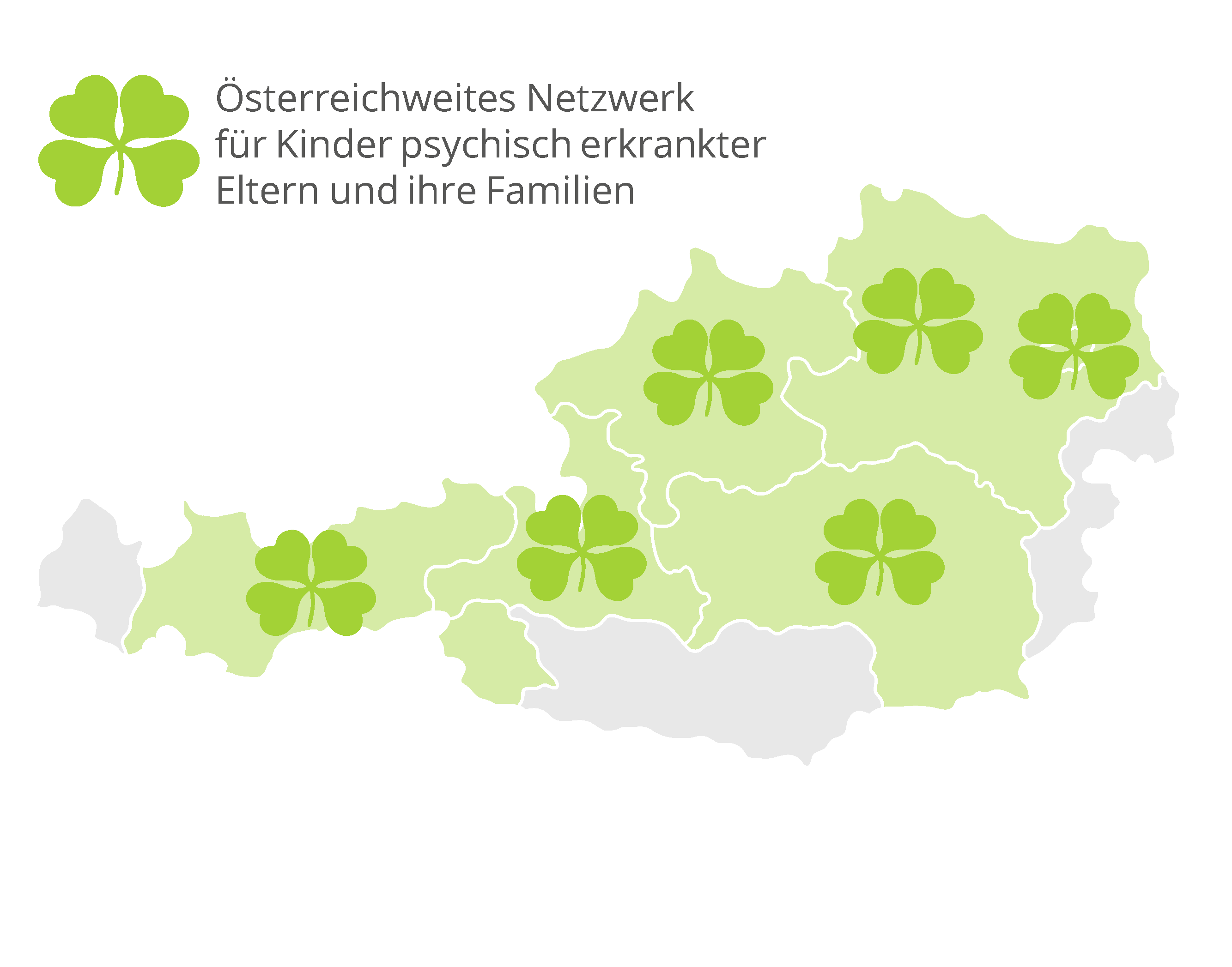 Landkarte von Österreich mit Kleeblatt-Logos in den Bundesländern, wo es Angebote aus dem KIPKE Netzwerk gibt.