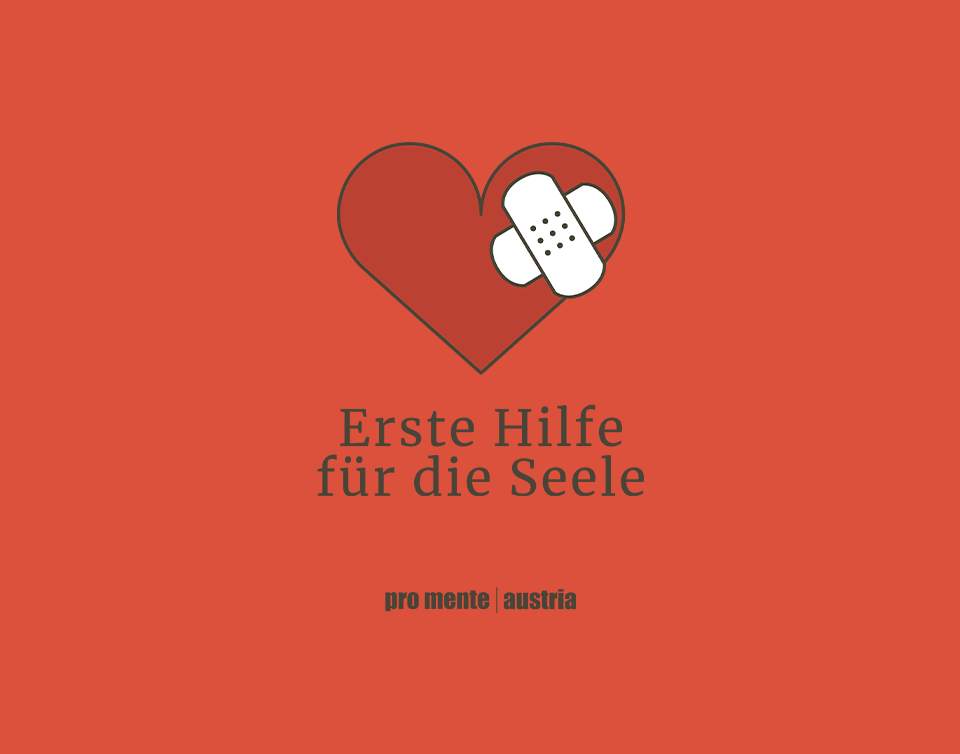 Logo von Erste Hilfe für die Seele auf rotem Grund. Ein Herz mit Pflaster.